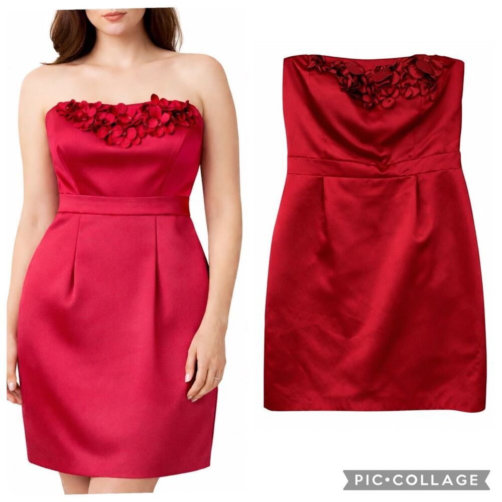 New Antonio Melani Ruby Red Strapless Satin Floral Sheath Cocktail Dress Size 10